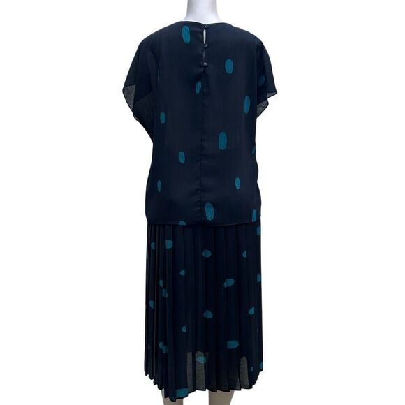 Vtg MAAS Brothers Blouse & Skirt 2Pc Set Size 14 Black Teal Printed Embellished - Picture 14 of 16